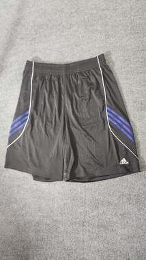 Adidas Men's Black Soccer Shorts with Blue 3-Stripes and White Piping